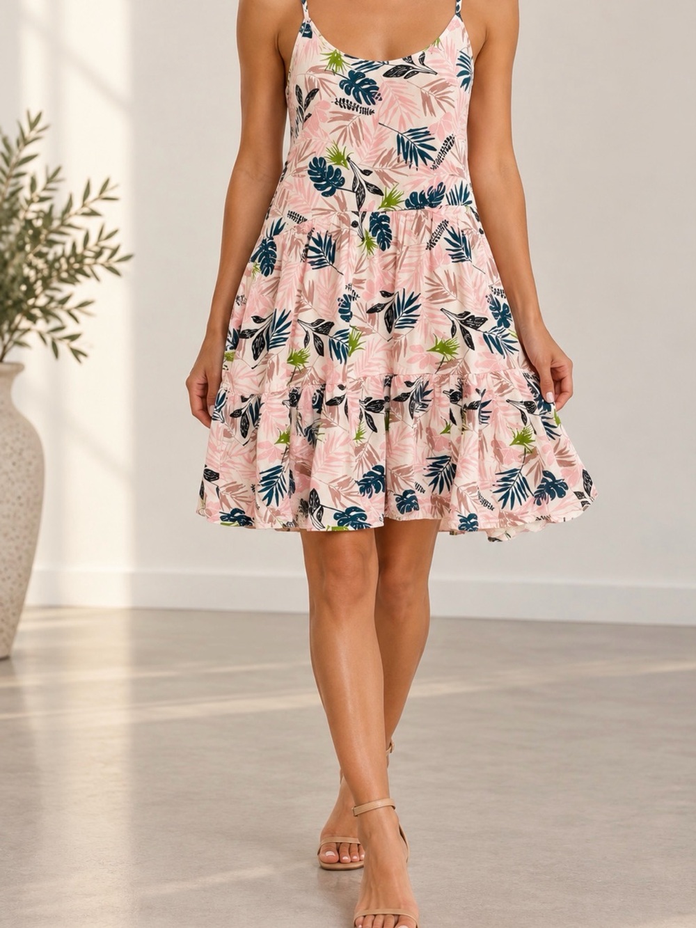 Hayden Pink Tiered Skater Dress with Navy & Green Leaf Print